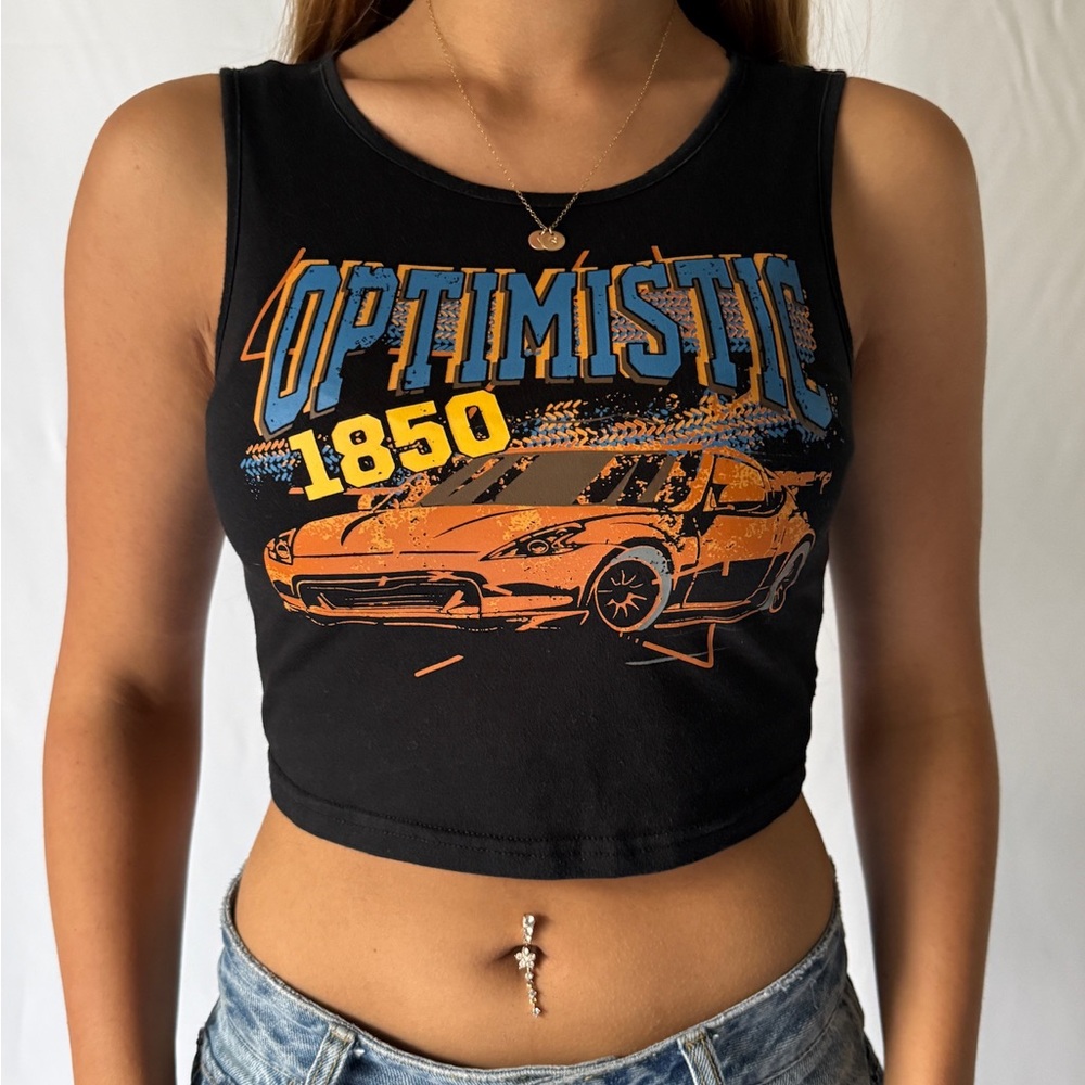 Black 'Optimistic 1850' Graphic Crop Top